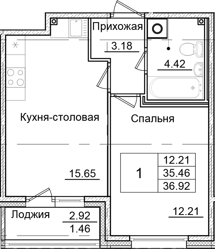 1-комнатная квартира 36.92 м², 2/9 эт., ЖК «Квартал Заречье»